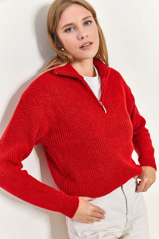 Oversized Textured Knit Sweater with Zipper Collar