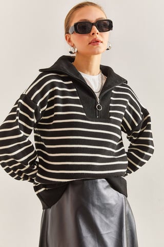 Striped Boxy Crop Sweater with Zipper Collar