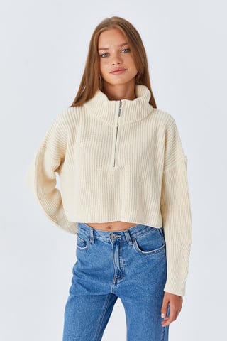 Textured Long Sleeve Zipped Collar Sweater