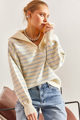 Striped Boxy Crop Sweater with Zipper Collar