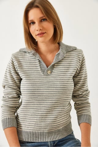 Striped Polo Collar Knit Sweater