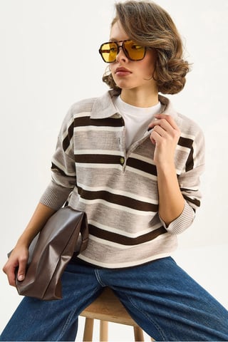 Polo Collar Long Sleeve Knit Sweater