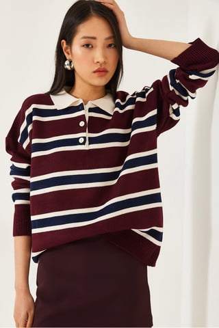 Striped Polo Collar Knit Sweater