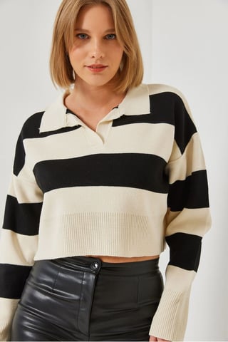 Striped Polo Collar Ribbed Crop Sweater