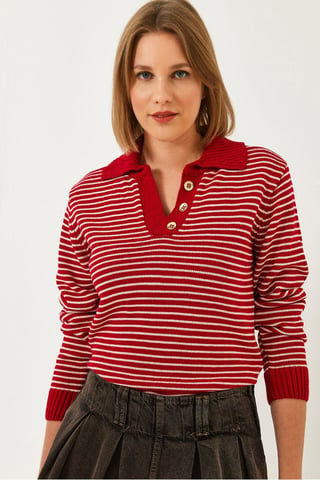 Striped Polo Collar Knit Sweater