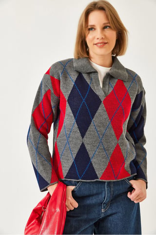 Geometric Pattern Polo Neck Knit Sweater