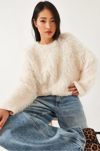 Textured Crew Neck Crop Sweater with Plush Detail