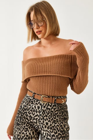 Off-Shoulder Ribbed Knit Fitted Sweater with Fold-Over Detail