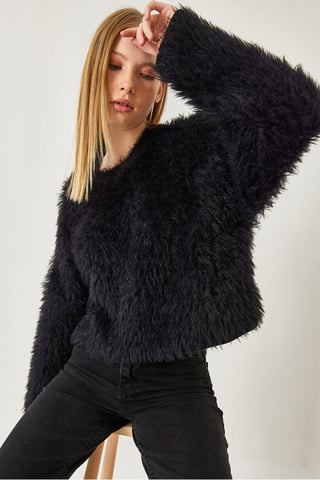 Textured Crew Neck Crop Sweater with Plush Detail