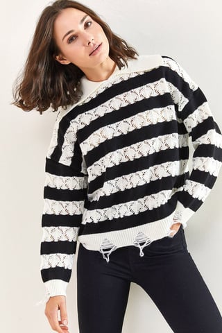 Randig Crew Neck Långärmad Löst Passform Tröja