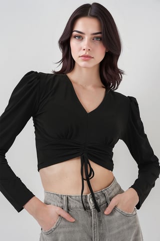 Textured V-Neck Crop Top with Ruffle Detail