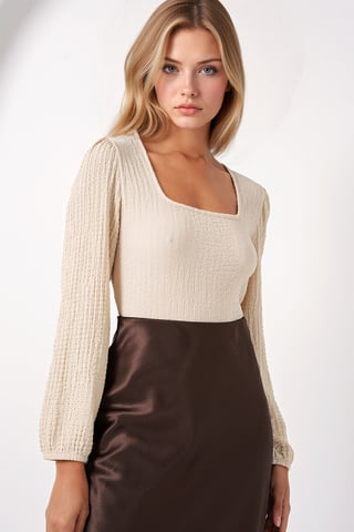 Textured Square Collar Long Sleeve Blouse