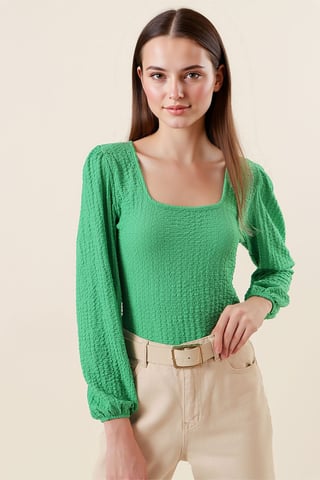 Textured Square Collar Long Sleeve Blouse