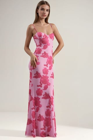 Floral Print Heart Collar Maxi Dress