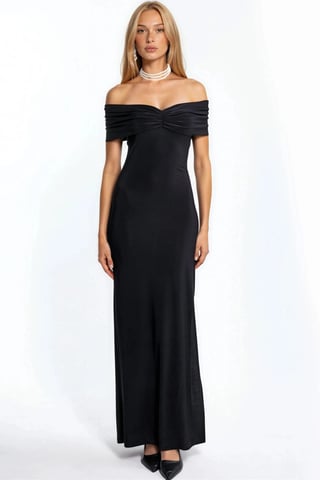 Off Shoulder Slit Detailed Sandy Maxi Dress