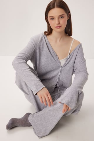 V-neck Buttoned Long Cardigan and Pants Pajama Set