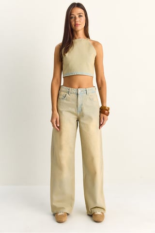 High Waist Denim Halter Top and Wide Leg Trousers Set