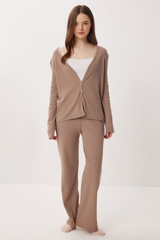 V-neck Buttoned Long Cardigan and Pants Pajama Set