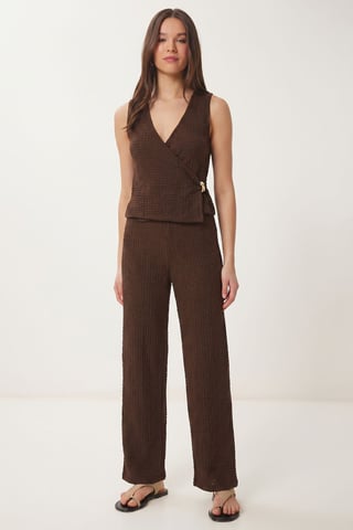 Textured V-Neck High Waist Co-Ord Set with Wide Leg Pants