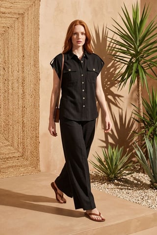 High Waist Wide Leg Two-Piece Set with Shirt Collar