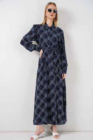 Plaid Midi Shirt Dress with Button Closure