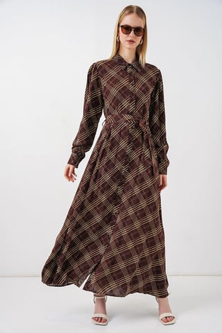 Plaid Midi Shirt Dress with Button Closure