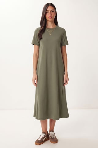 Midi Dress with Short Sleeves and Crew Neck