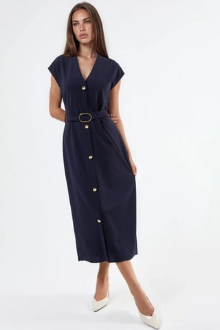 Belted Midi Dress with V-Neck