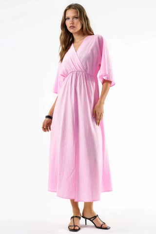 V-Neck Midi Wrap Dress with Three Quarter Sleeves