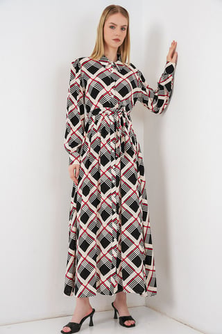 Plaid Midi Shirt Dress with Button Closure