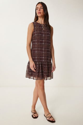 Frilly Plaid Mini Dress with Crew Neck