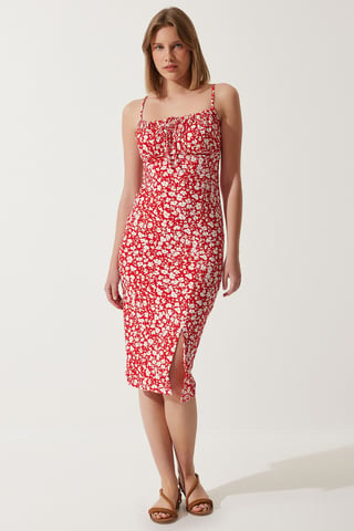 Floral Ribbed Bodycon Midi Dress with Slit