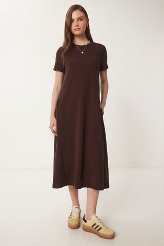 Midi Dress with Short Sleeves and Crew Neck