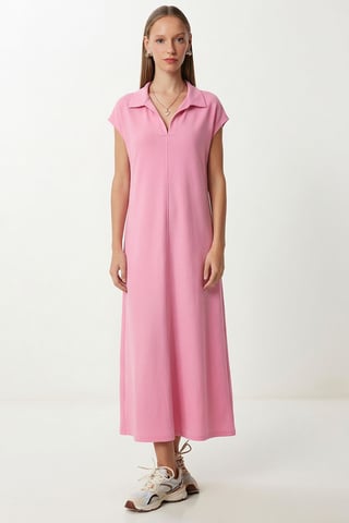 Polo Collar Pull-On Midi Dress with Pocket