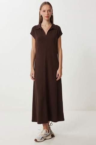 Polo Collar Pull-On Midi Dress with Pocket