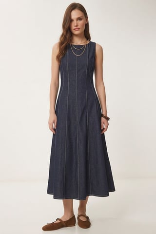 A-Line Midi Denim Dress with Crew Neck