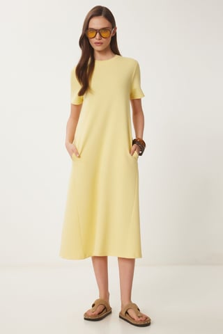 Midi Dress with Short Sleeves and Crew Neck