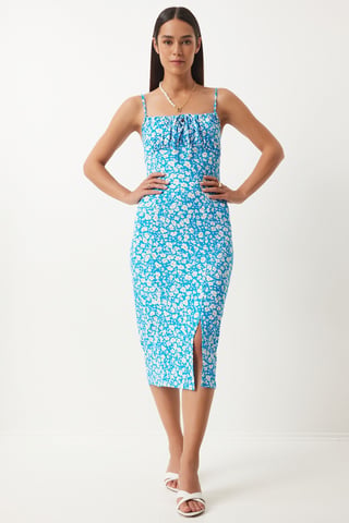 Floral Ribbed Bodycon Midi Dress with Slit