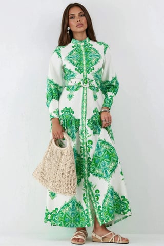 Paisley Print Belted Maxi Dress with Shirt Collar