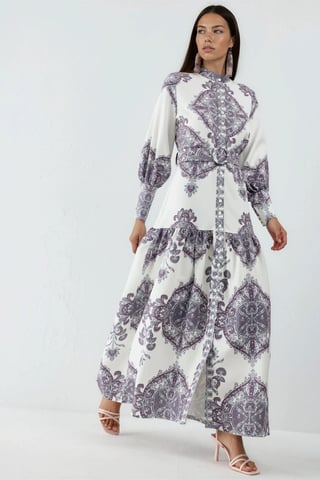 Paisley Print Belted Maxi Dress with Shirt Collar