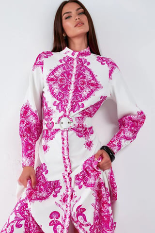 Paisley Print Belted Maxi Dress with Shirt Collar