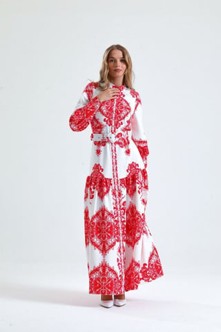 Paisley Print Belted Maxi Dress with Shirt Collar