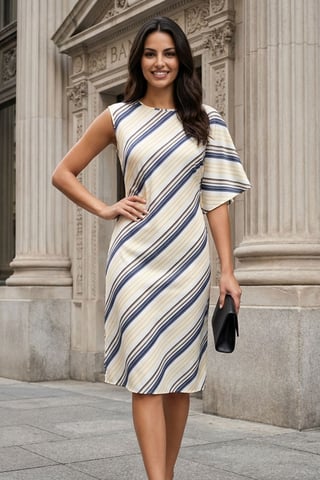 Asymmetric Striped Maxi Dress with Crew Neck