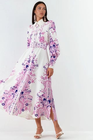 Paisley Print A-Line Maxi Dress with Shirt Collar