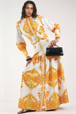 Paisley Print Belted Maxi Dress with Shirt Collar