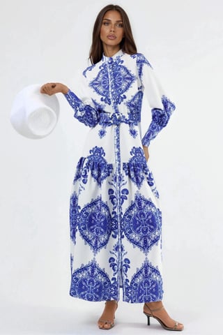 Paisley Print Belted Maxi Dress with Shirt Collar