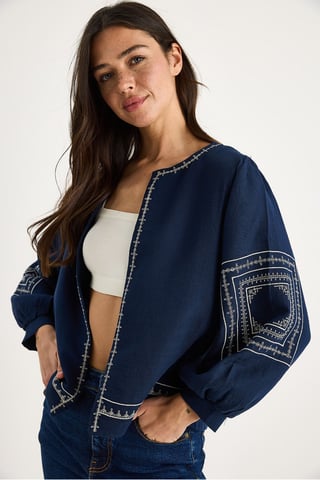 Broderad Crew Neck Casual Jacka