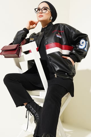 Color Blocked Faux Leather Oversized Bomber Jacket