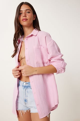 Oversized Textured Cotton Shirt with Pocket