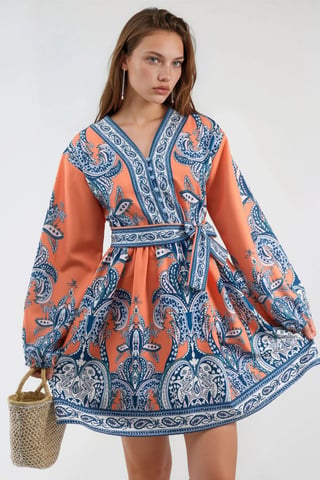 V-Neck Paisley A-Line Mini Dress with Buttons